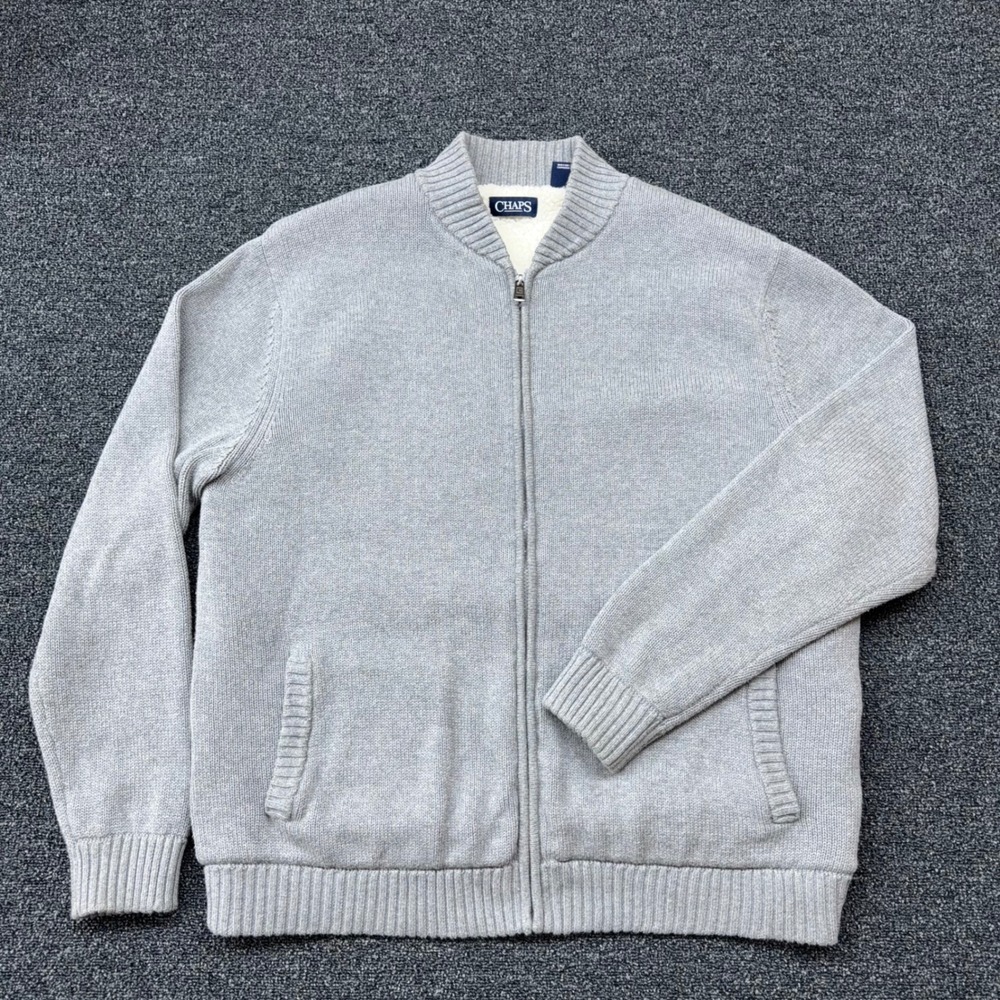 Chaps Mens XXL Gray Full Zip Sherpa Lined Cotton Knit Bomber Cardigan Sweater